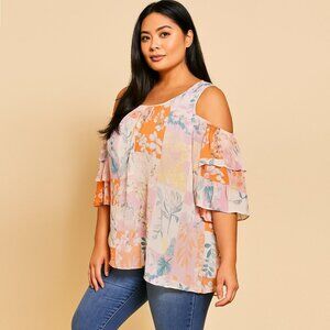 CATO 18/20W Womens Floral Top Peekaboo Cold Shoulders Ruffle Sleeves
